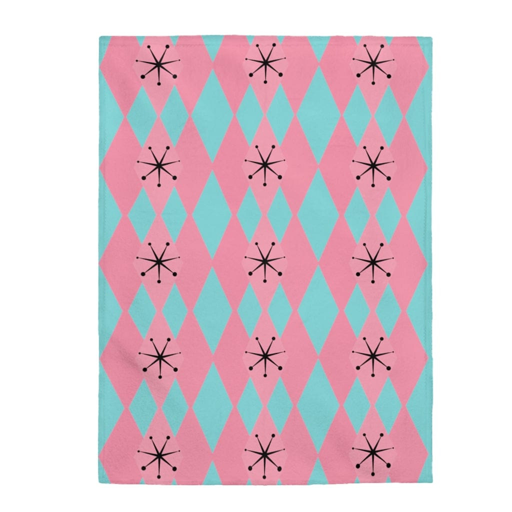 Mid Mod, MCM Mid Century Modern, Retro Blanket Turquoise Blue, Pretty Pink, Atomic 50s, Harlequin Diamonds Velveteen THIN Plush Blanket All Over Prints 60" × 80"