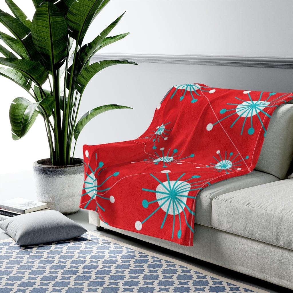 Retro Blanket Atomic Astro Star Burst Aqua Blue, White Mid Century Modern Red THIN Velveteen Plush Blanket All Over Prints 60" × 80"