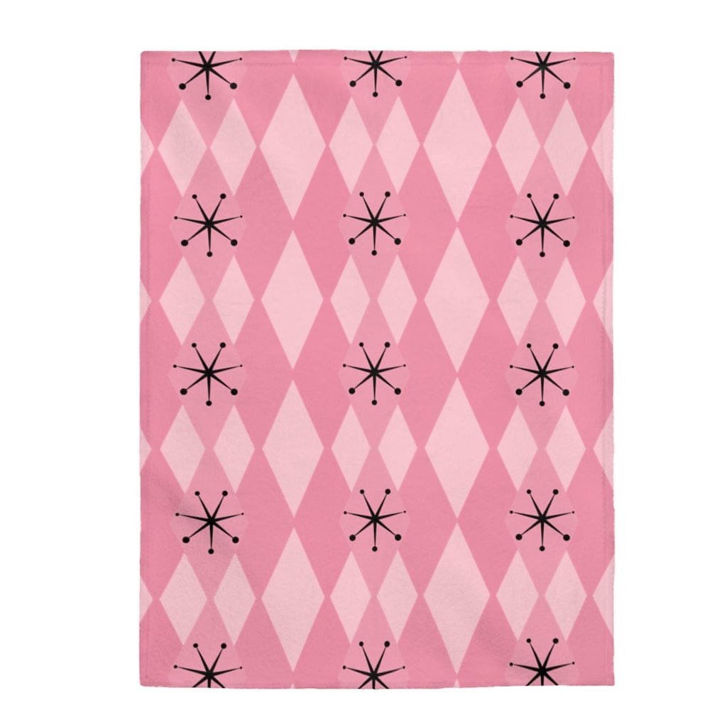 Retro Blanket Pink Atomic Age Starburst Diamonds Mid Century Modern MCM Home Decor Velveteen THIN Plush Blanket All Over Prints 60" × 80"