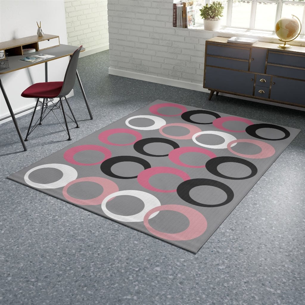 Mid Modernist, Gray, Pink, Black, White, Geometric Retro Circles, Mid Century Modern MCM Home Decor Area Rug Home Decor 60" × 84"