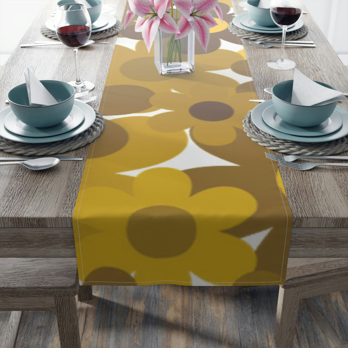 70's Flower Power, Harvest Gold, Retro Daisy, Groovy Trendy Table Runner Home Decor