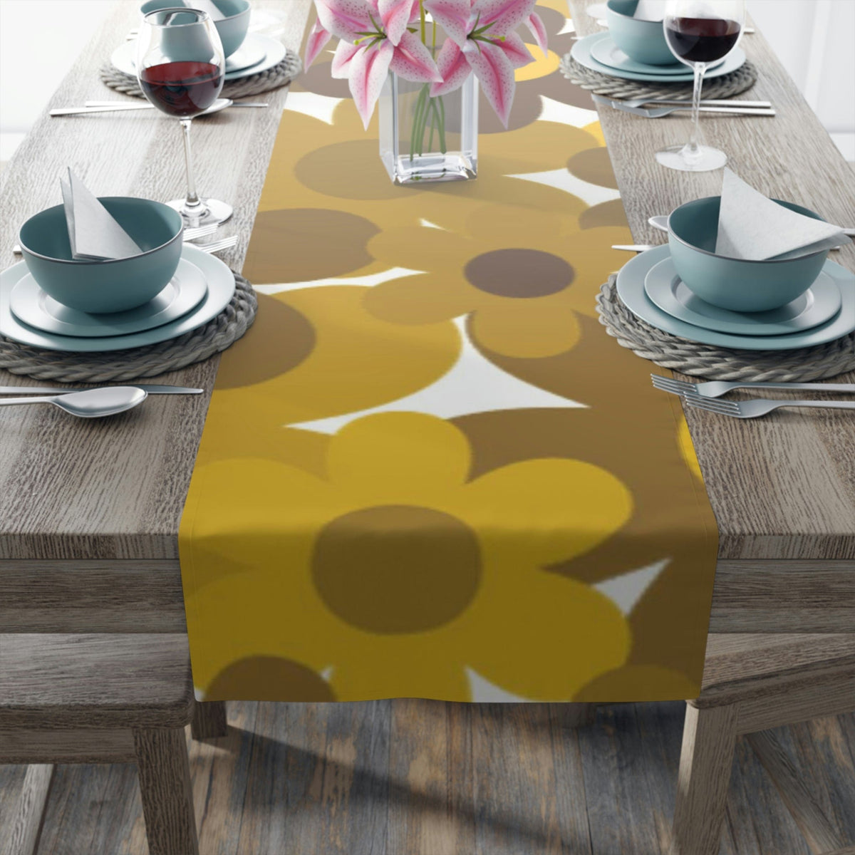 70's Flower Power, Harvest Gold, Retro Daisy, Groovy Trendy Table Runner Home Decor