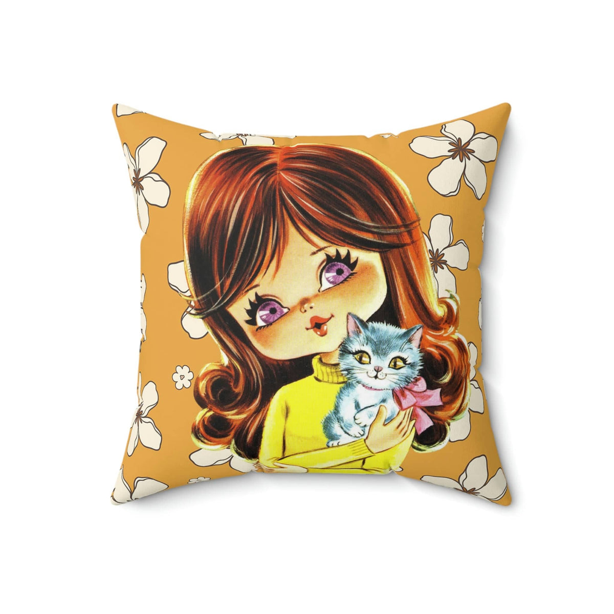 70's Flower Power Pillow, Big Eyed, Violet, Brown Reddish Auburn Hair, Sweet Days Of the 70's Retro Pillow COVER Home Decor
