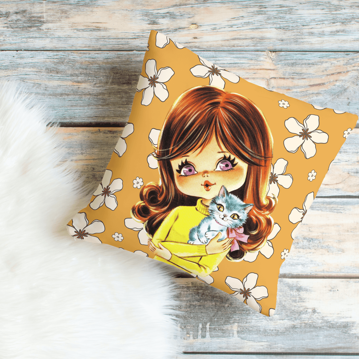 70's Flower Power Pillow, Big Eyed, Violet, Brown Reddish Auburn Hair, Sweet Days Of the 70's Retro Pillow COVER Home Decor