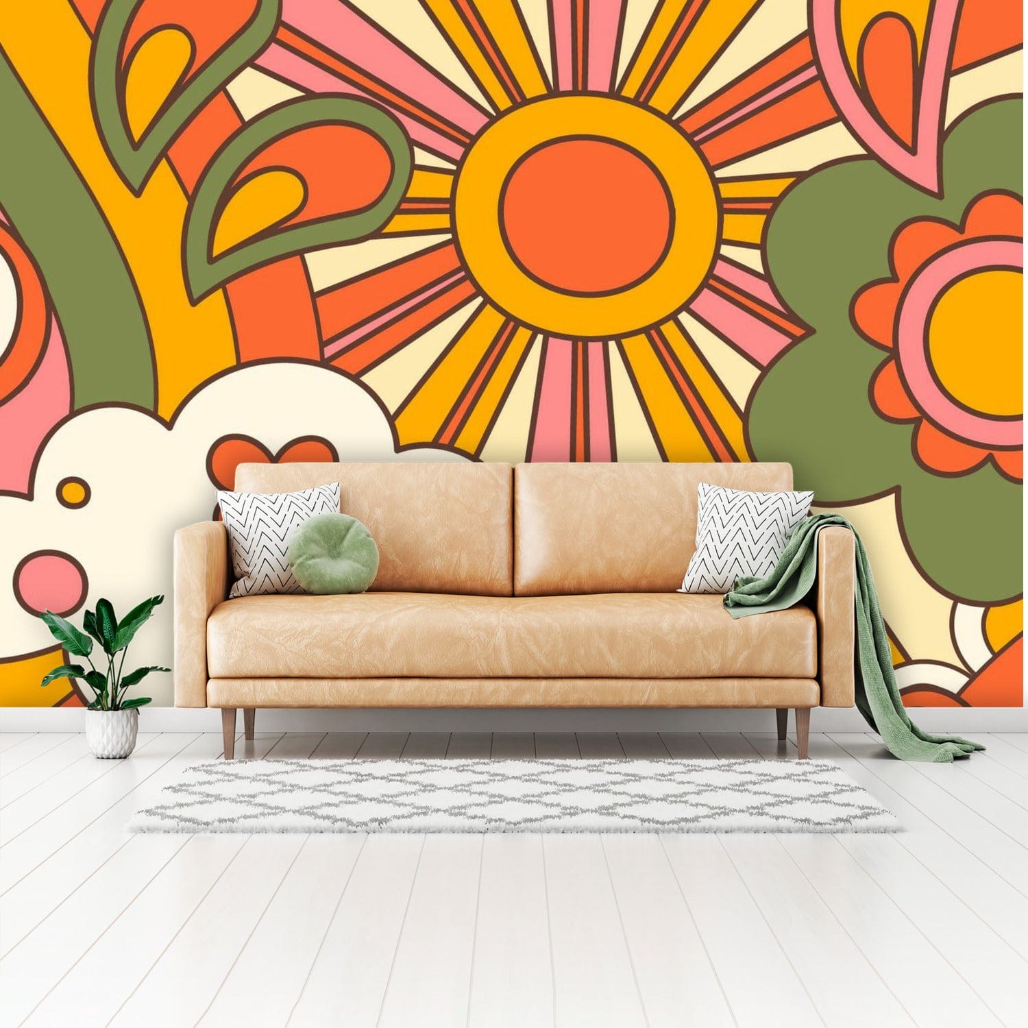 70's Groovy Sun, Flower Power Hippie Vibes, Peel And Stick Wall Murals