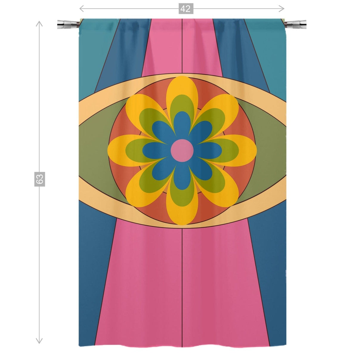 70's Groovy, Trippy Hippie, Flower Power, Pink, Blue, Yellow Mod Daisy, Retro Curtain, Single Panel Curtains