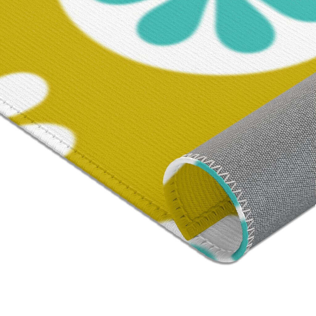 70's Mod Daisy Retro Floral White, Turquoise Blue, Lime Green Mid Century Area Rugs Home Decor