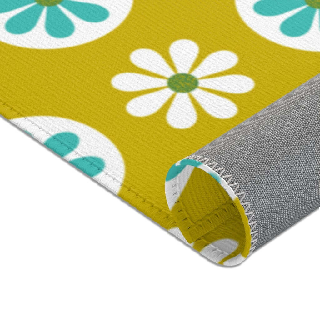 70's Mod Daisy Retro Floral White, Turquoise Blue, Lime Green Mid Century Area Rugs Home Decor