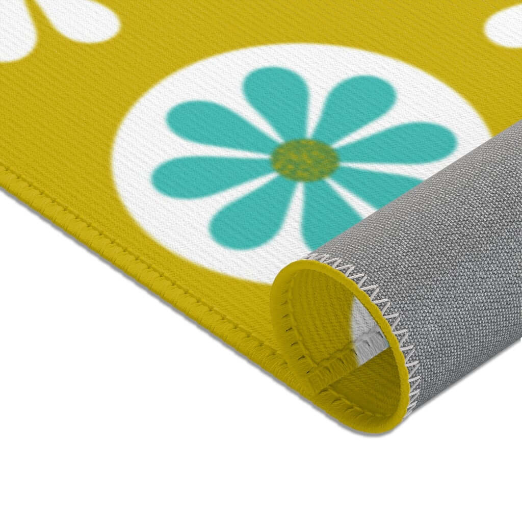 70's Mod Daisy Retro Floral White, Turquoise Blue, Lime Green Mid Century Area Rugs Home Decor