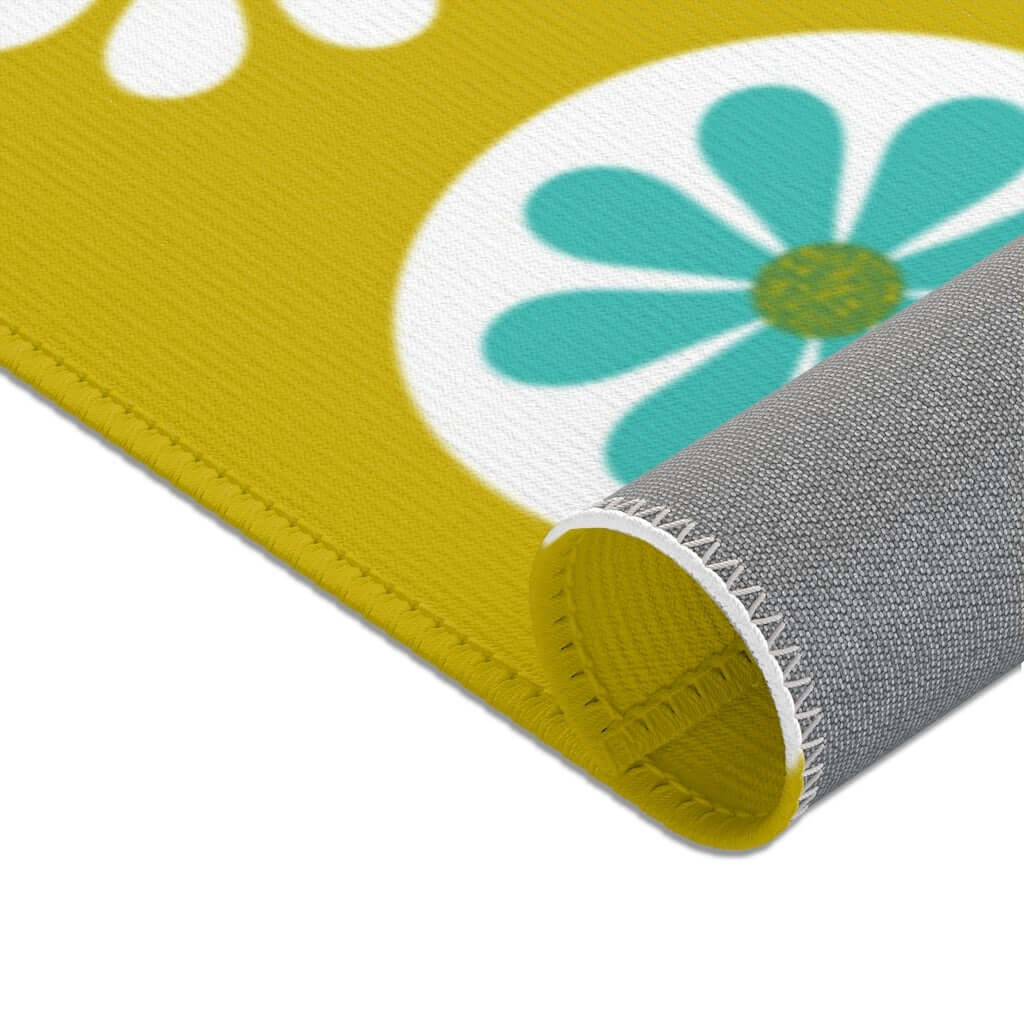 70's Mod Daisy Retro Floral White, Turquoise Blue, Lime Green Mid Century Area Rugs Home Decor