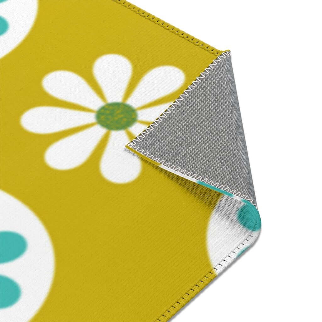 70's Mod Daisy Retro Floral White, Turquoise Blue, Lime Green Mid Century Area Rugs Home Decor