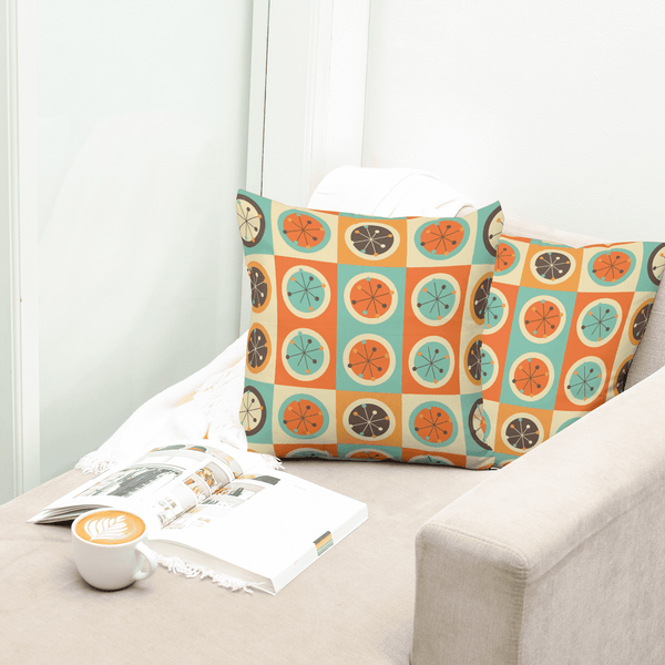 70's Retro Curtains, Bold Geometric Circles Atomic Starburst, Mid Century Modern, Aqua Blue, Burnt Orange, Mustard Yellow MCM Pillow