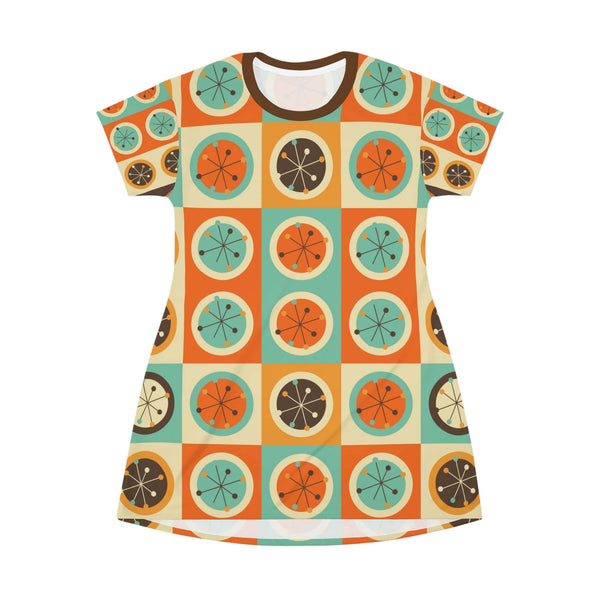 70's Retro Groovy, Disco Party, Mid Mod,Circle, Atomic Starburst Women's T-Shirt Dress In, Orange, Brown, Aqua, Mustard Yellow, Burnt Orange