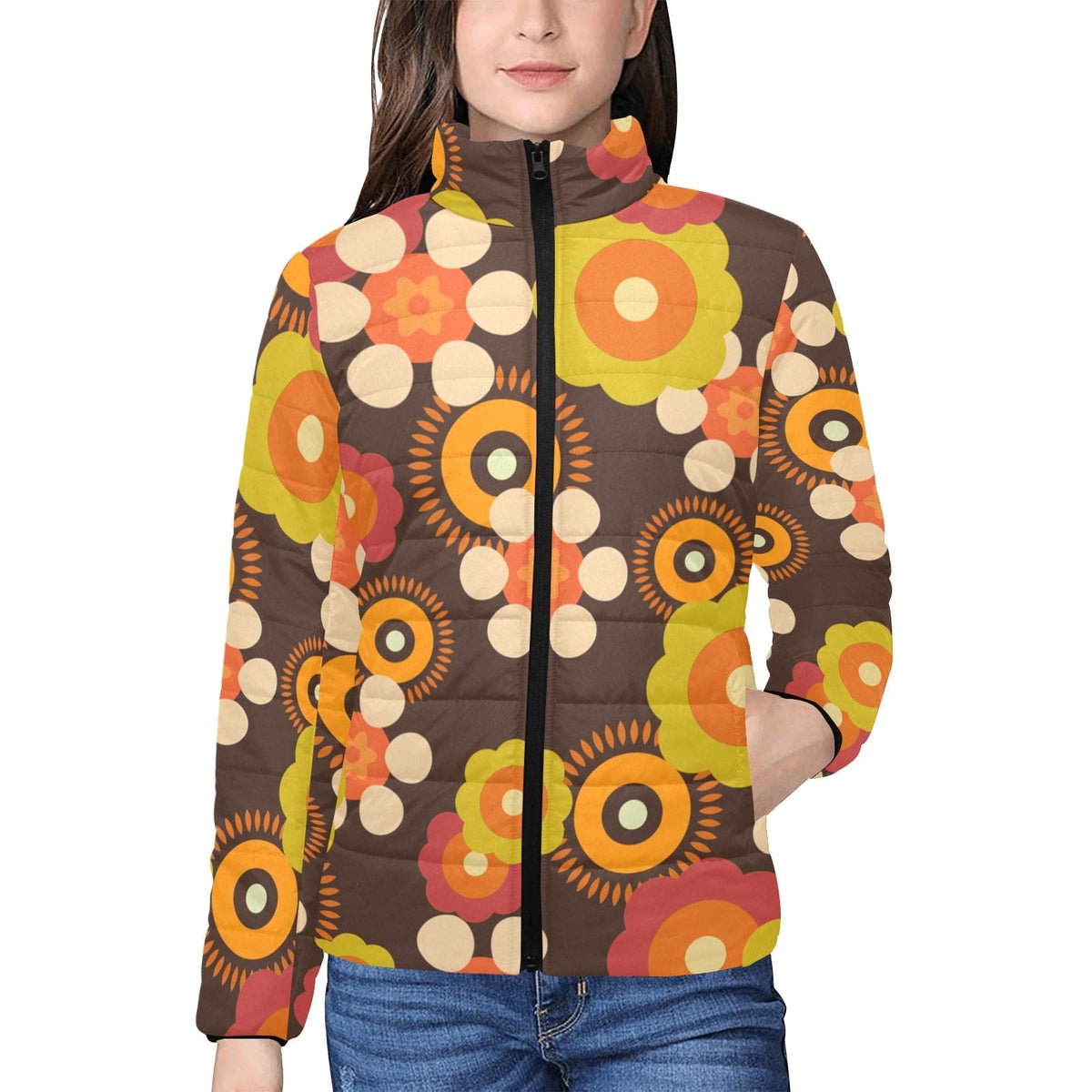 70's Retro Groovy Womens, Flower Power Hipster Bomber Jacket Jackets