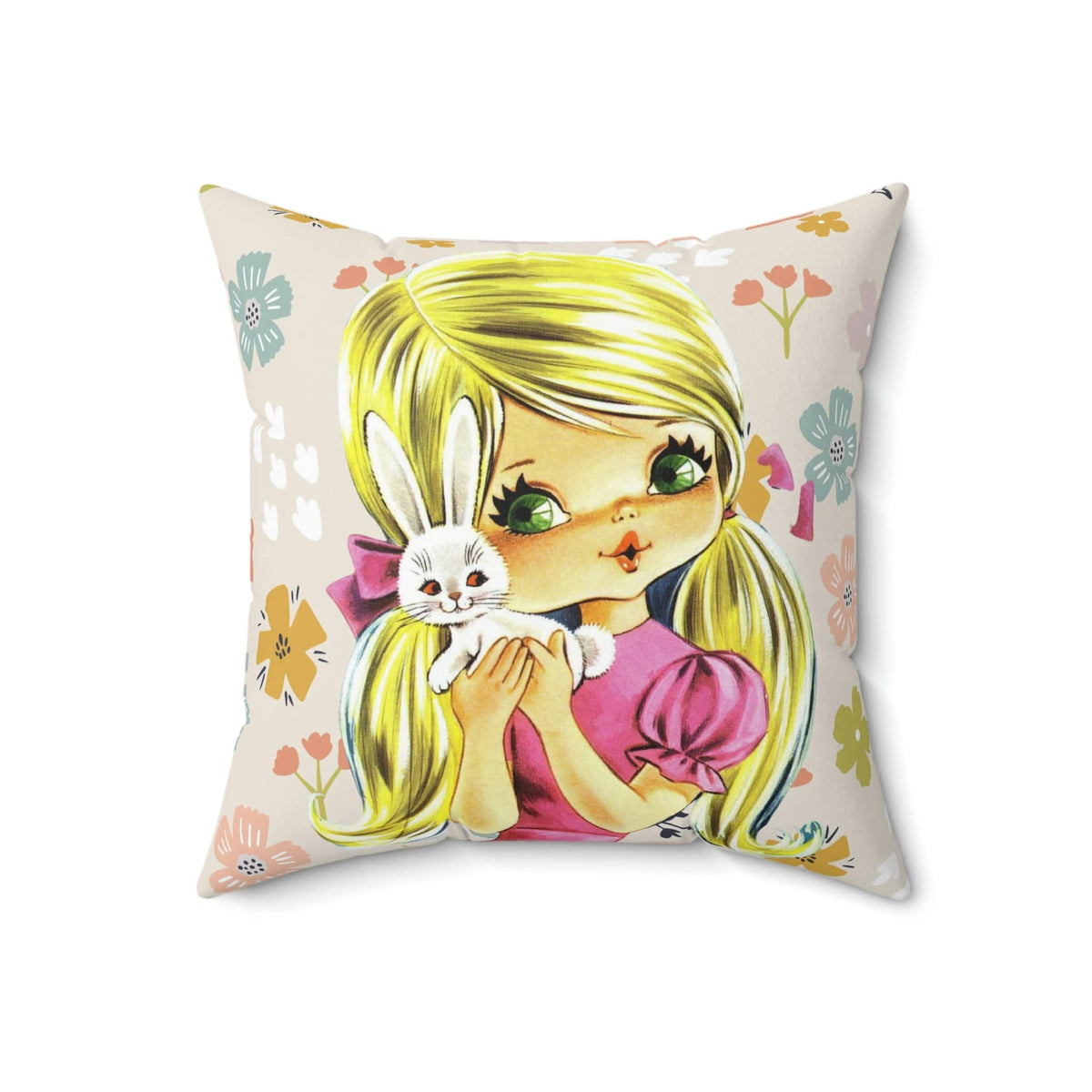 70's Retro Pillow, Blonde Hair, Big Green Eyes, Pretty Girl, Flower Power, Groovy Flowers, Girl With Bunny, Sweet, Simple Pillow COVER Home Decor