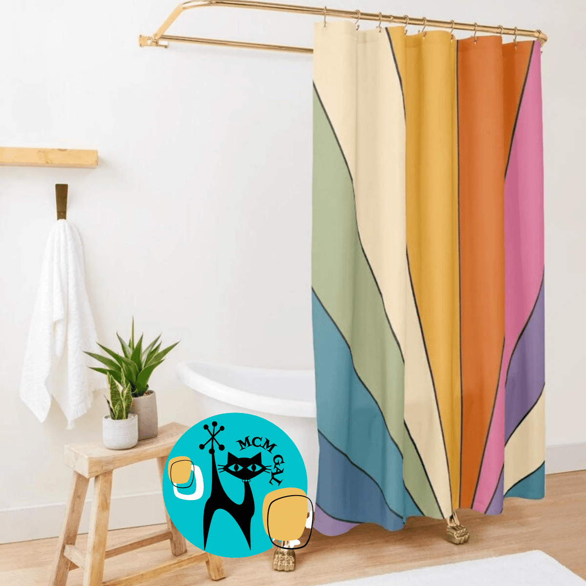 70's Groovy Hipster Rainbow, Funky Mid Mod Shower Curtain Home Decor 71" × 74"