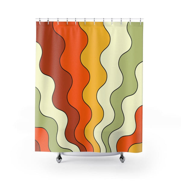 70's Groovy Wave Hipster, Orange, Green, Yellow, Beige, Rust, Mid Mod Shower Curtain