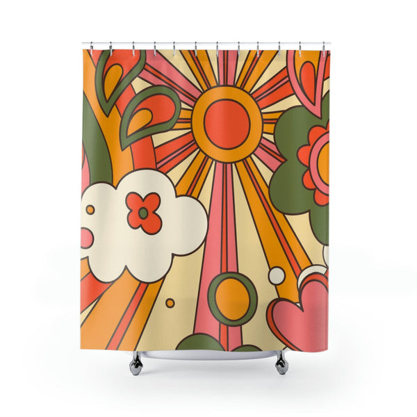 70s Retro Curtain, Funky, Bright Sunshine Mid Century Modern Hippie, Orange, Yellow Shower Curtains