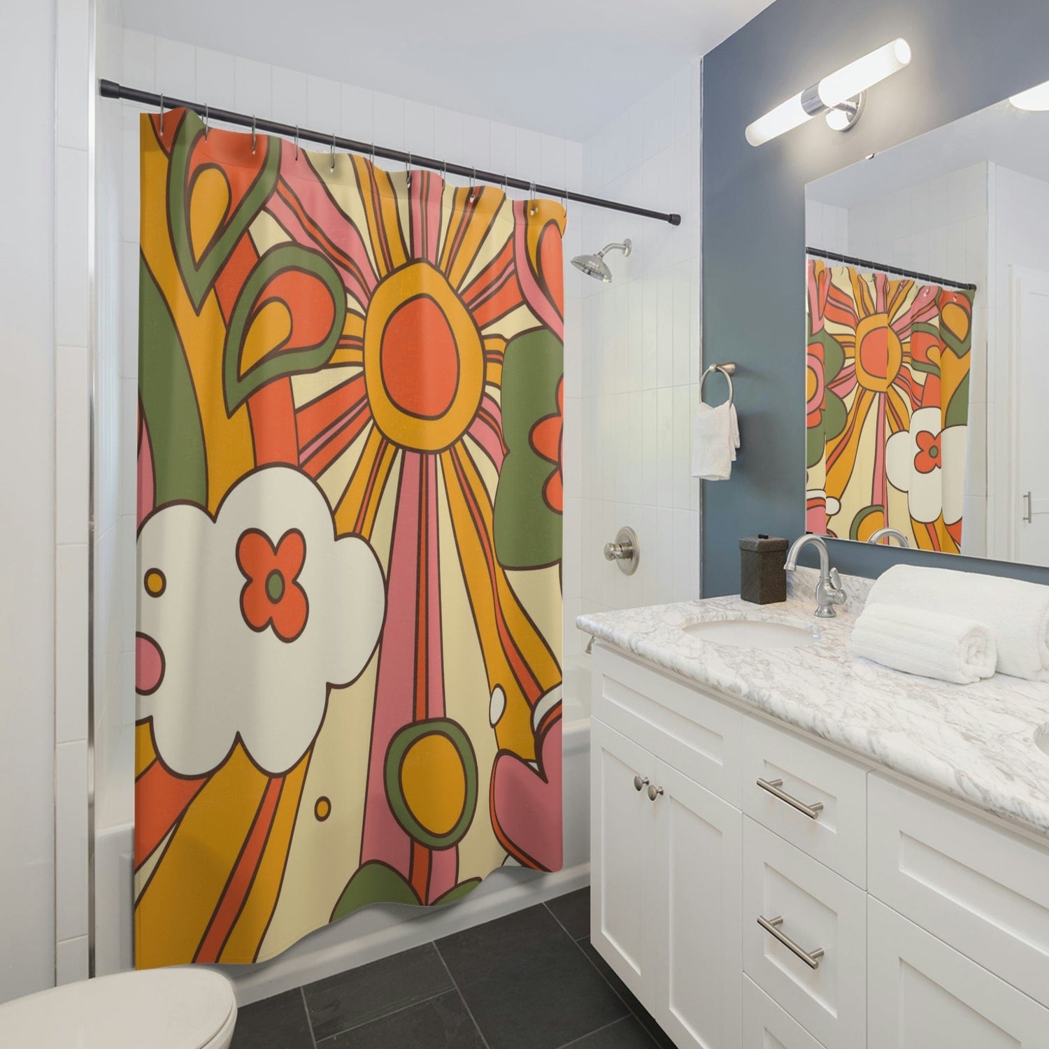 70s Retro Curtain, Funky, Bright Sunshine Mid Century Modern Hippie, Orange, Yellow Shower Curtains Home Decor 71" × 74"