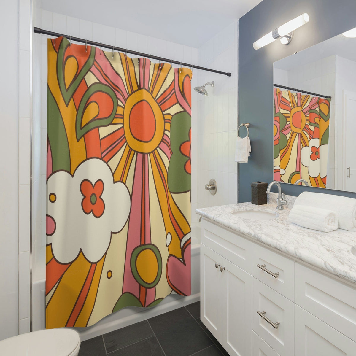 70s Retro Curtain, Funky, Bright Sunshine Mid Century Modern Hippie, Orange, Yellow Shower Curtains Home Decor 71" × 74"