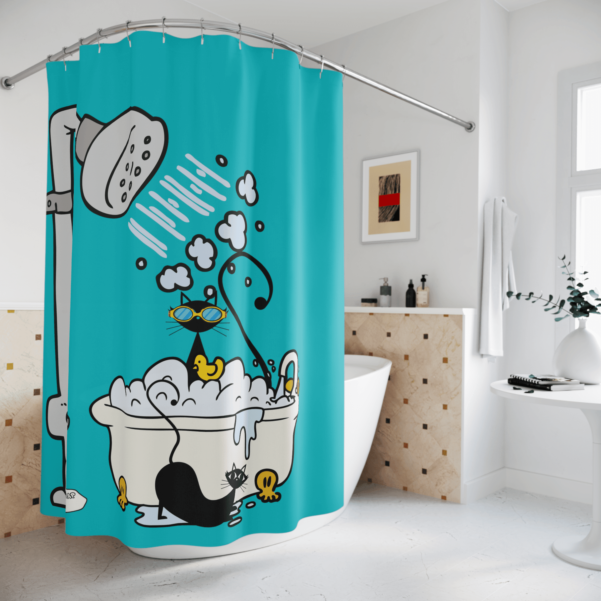 Atomic Cat, Aqua Blue, Retro Shower Curtain, Whimsical, Cute Mid Century Modern Bathroom Decor Home Decor 71" × 74"