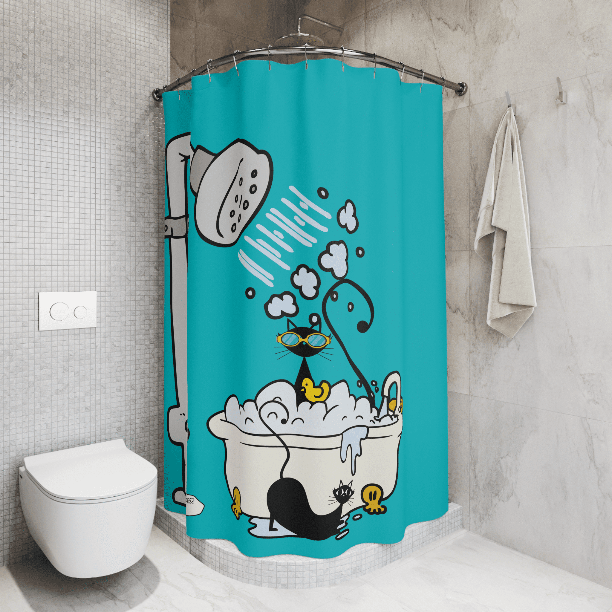 Atomic Cat, Aqua Blue, Retro Shower Curtain, Whimsical, Cute Mid Century Modern Bathroom Decor Home Decor 71" × 74"