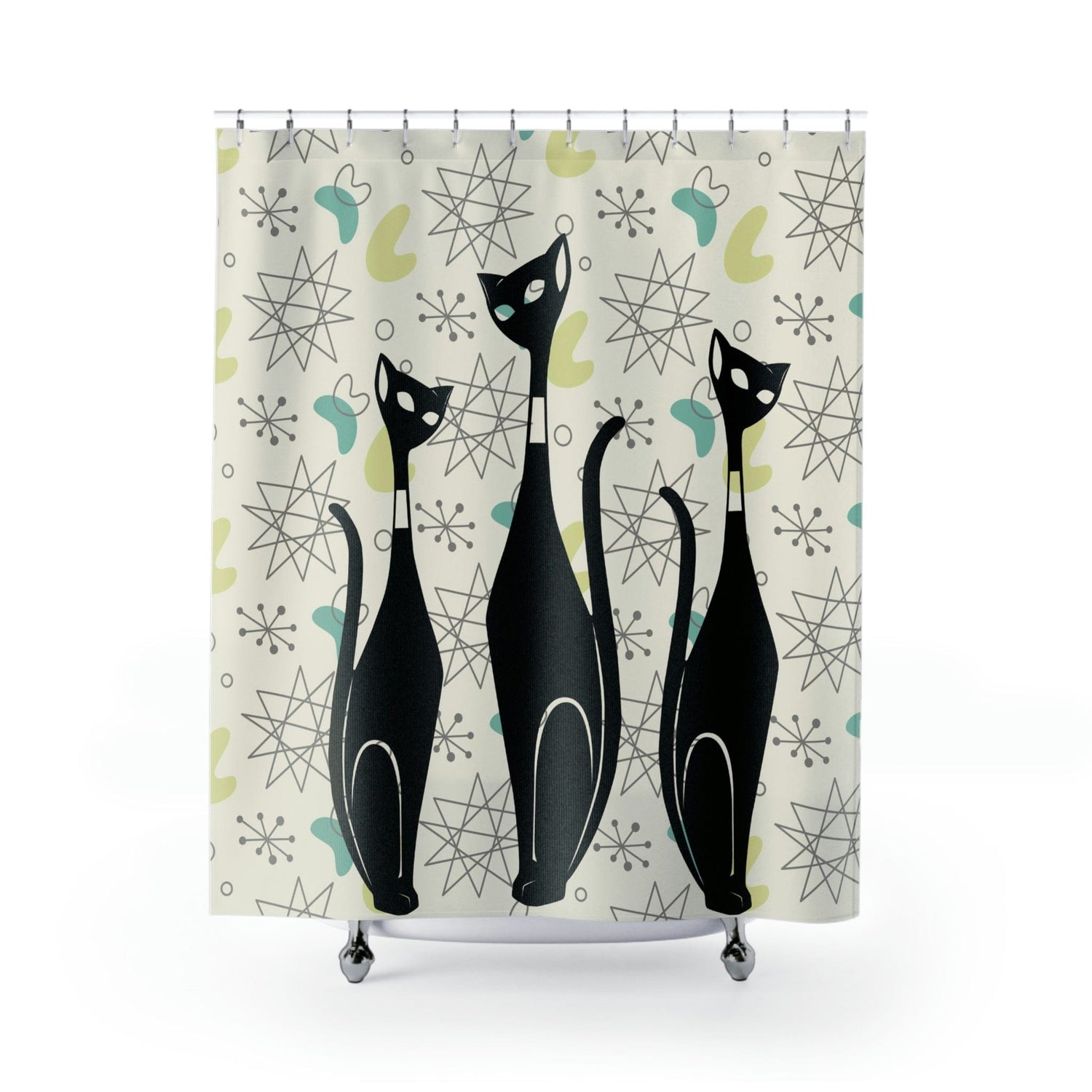 Atomic Cat Art, Mid Century Modern Shower Curtain, Beige, Franciscan Starburst Retro Bath Decor Home Decor 71" × 74"