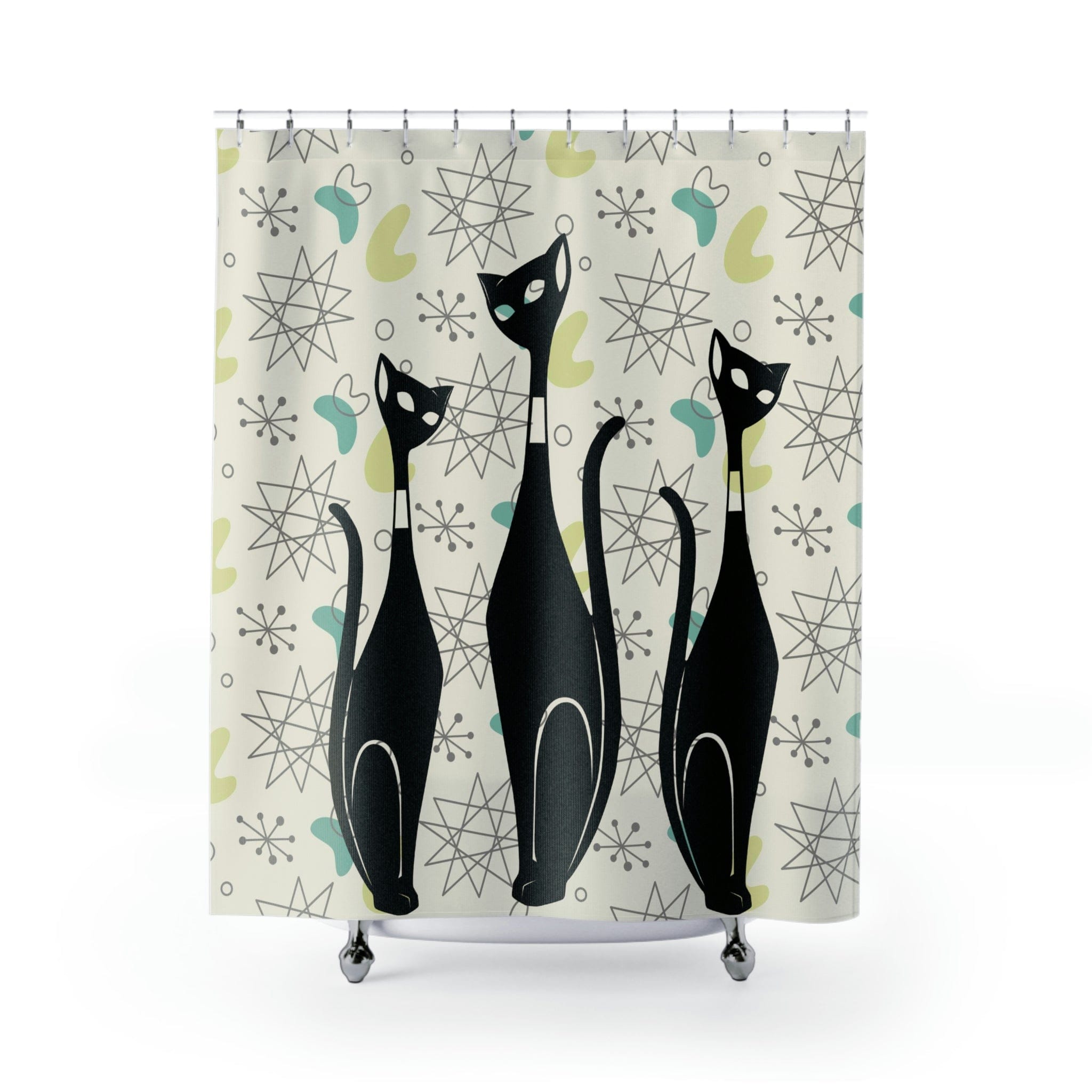 Atomic Cat Art, Mid Century Modern Shower Curtain, Beige, Franciscan Starburst Retro Bath Decor Home Decor 71" × 74"