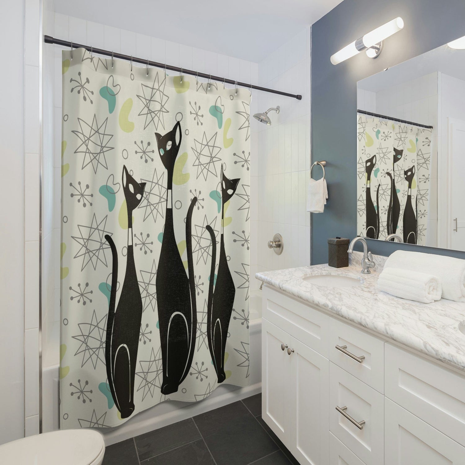 Atomic Cat Art, Mid Century Modern Shower Curtain, Beige, Franciscan Starburst Retro Bath Decor Home Decor 71" × 74"