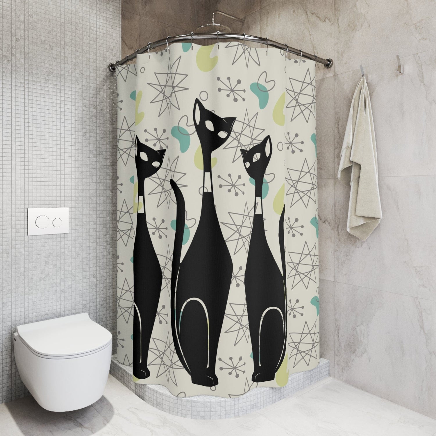 Atomic Cat Art, Mid Century Modern Shower Curtain, Beige, Franciscan Starburst Retro Bath Decor Home Decor 71" × 74"