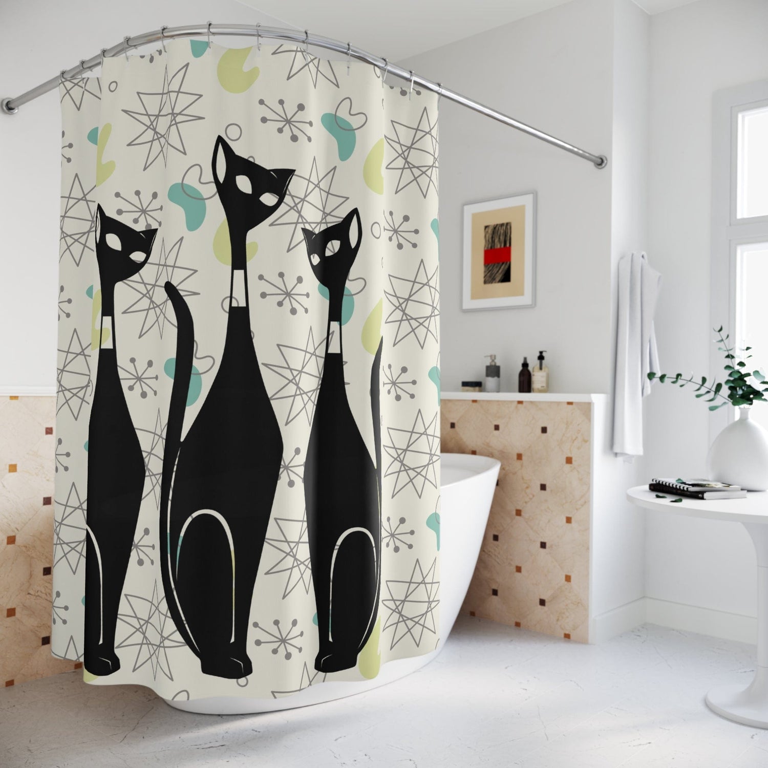 Atomic Cat Art, Mid Century Modern Shower Curtain, Beige, Franciscan Starburst Retro Bath Decor Home Decor 71" × 74"