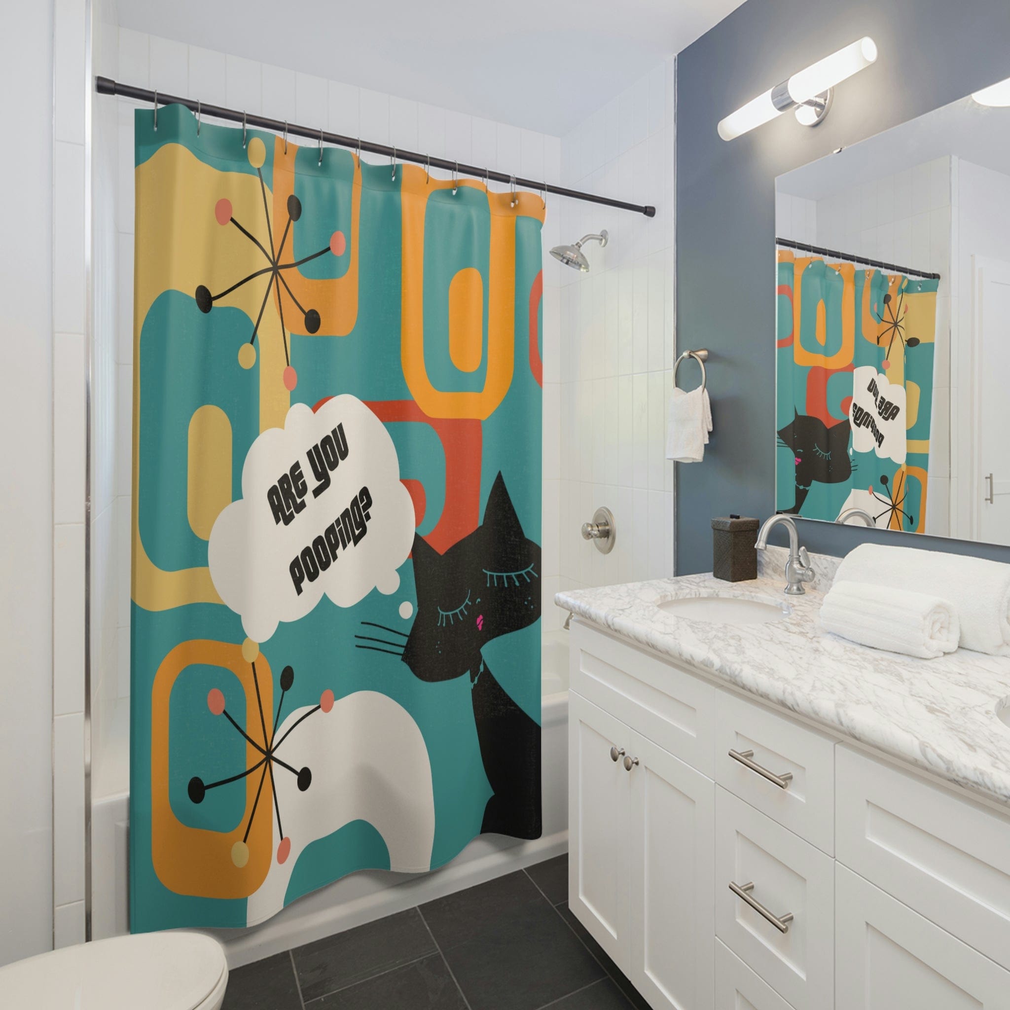 Atomic Cat, Funny Bathroom Cat Art, Are You Pooping Shower Curtain, Mid Century Modern Teal, Geometric, Starburst Polyester Shower Curtain Home Decor 71" × 74"