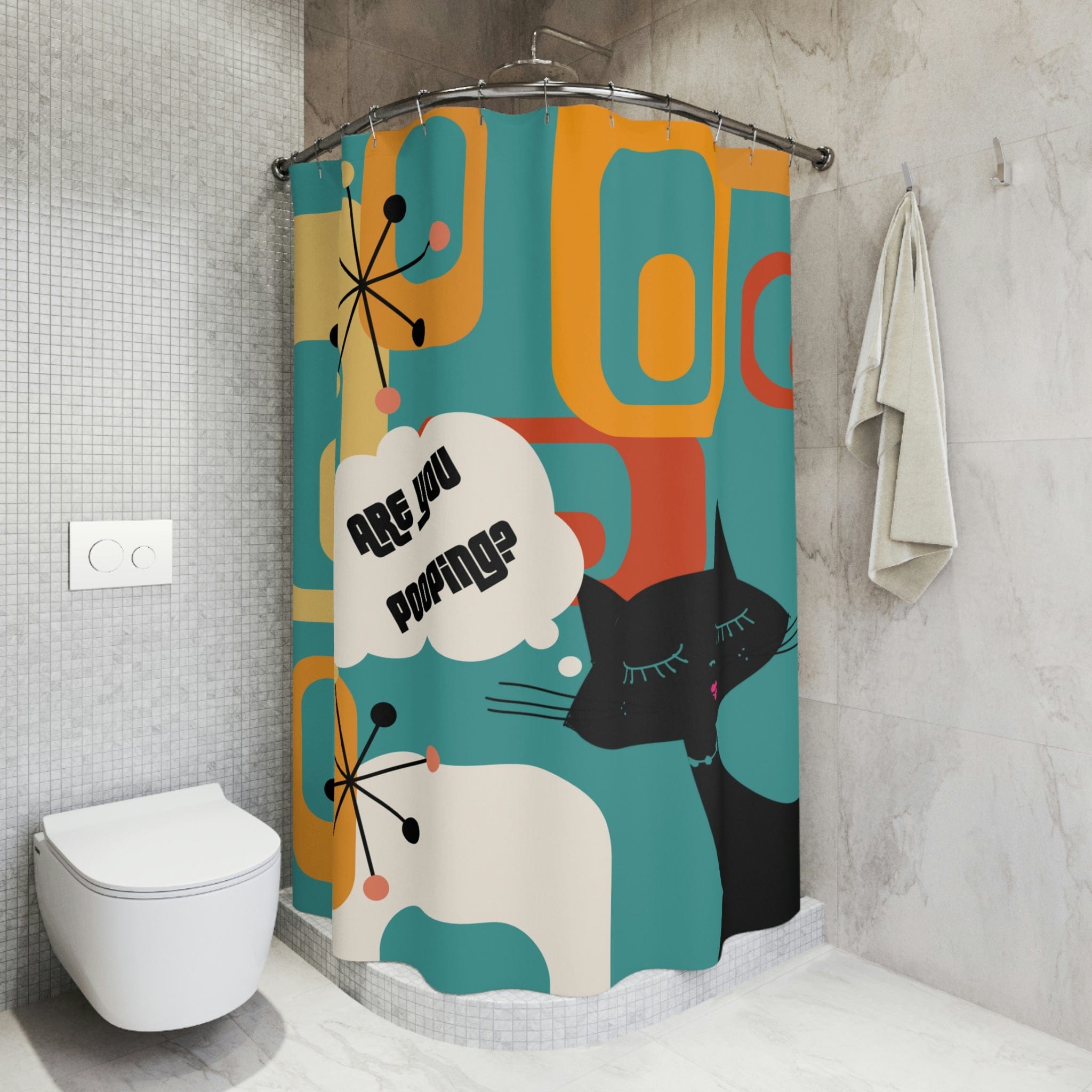 Atomic Cat, Funny Bathroom Cat Art, Are You Pooping Shower Curtain, Mid Century Modern Teal, Geometric, Starburst Polyester Shower Curtain Home Decor 71" × 74"