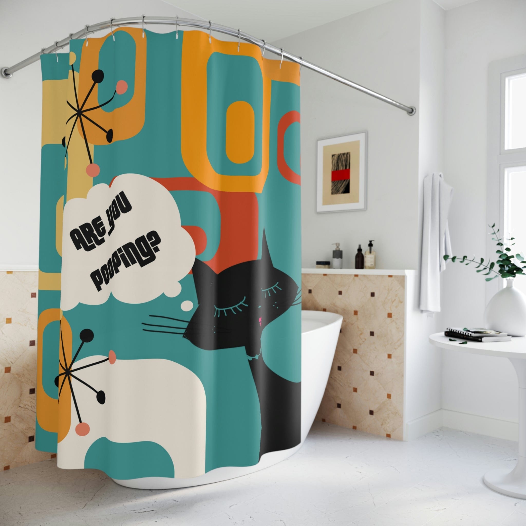 Atomic Cat, Funny Bathroom Cat Art, Are You Pooping Shower Curtain, Mid Century Modern Teal, Geometric, Starburst Polyester Shower Curtain Home Decor 71" × 74"
