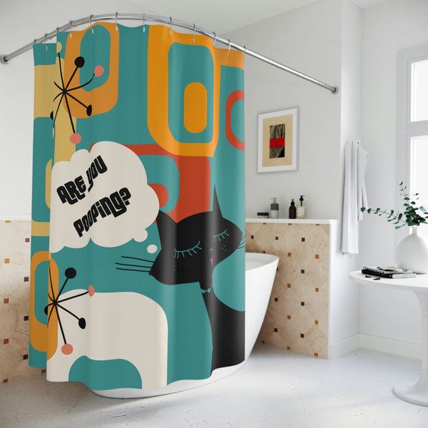 Atomic Cat, Funny Bathroom Cat Art, Are You Pooping Shower Curtain, Mid Century Modern Teal, Geometric, Starburst Polyester Shower Curtain