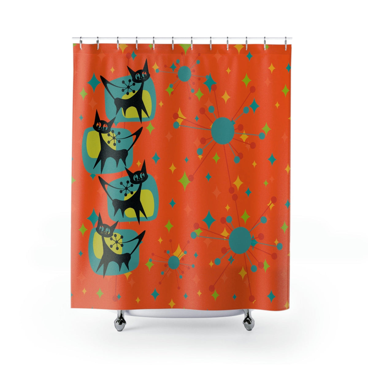 Atomic Cat, Mid Century Modern, Starburst, Retro Orange, Teal, Yellow, FUN and Funky Pop Of Atomic 50's Home Living Bathroom Shower Curtain Home Decor 71" × 74"