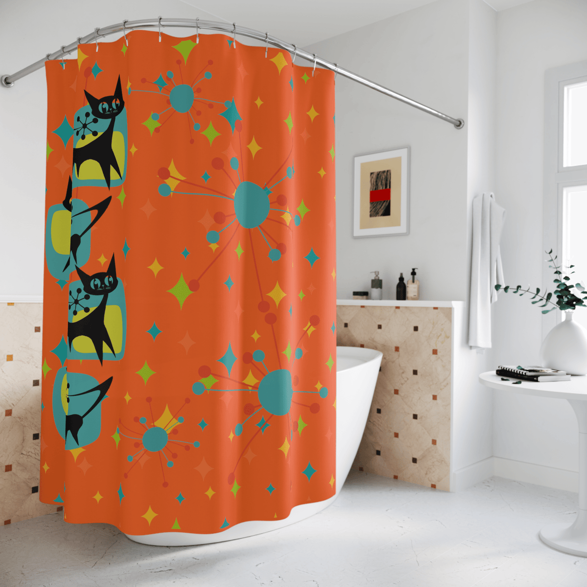 Atomic Cat, Mid Century Modern, Starburst, Retro Orange, Teal, Yellow, FUN and Funky Pop Of Atomic 50's Home Living Bathroom Shower Curtain Home Decor 71" × 74"