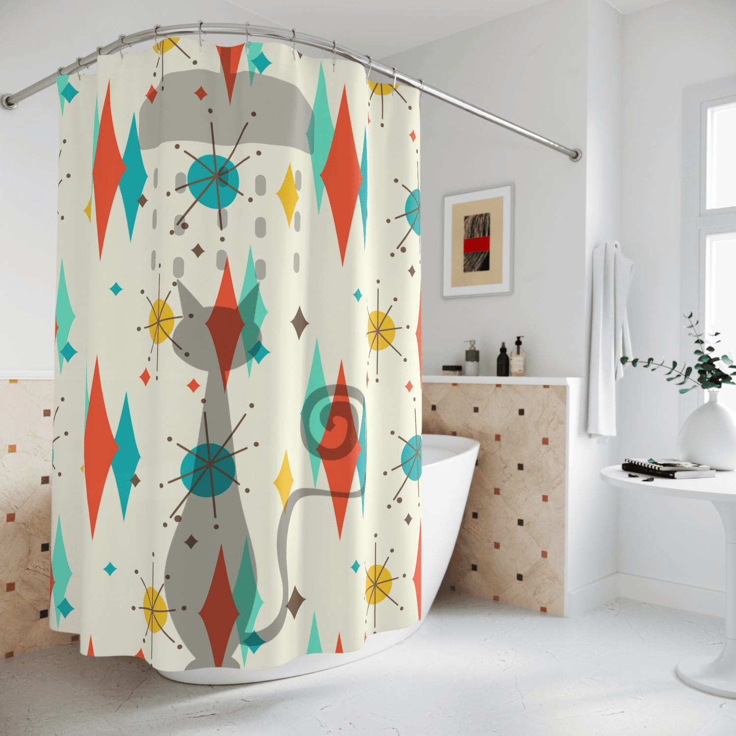 Atomic Cat, Mid Mod Cat Shower Time Franciscan Pattern Starburst Diamond, Fun Whimsical Mid Century Modern Shower Curtains Home Decor 71" × 74"
