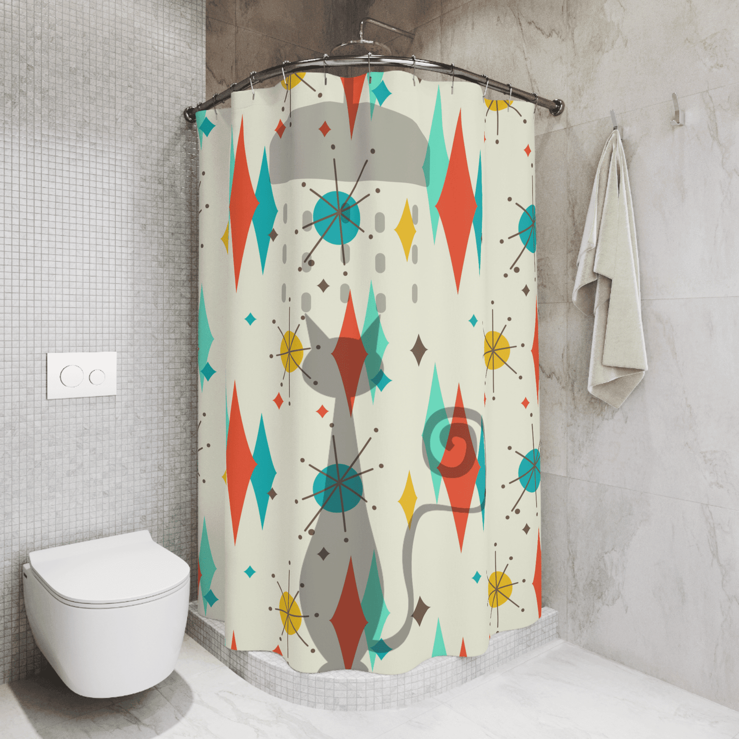 Atomic Cat, Mid Mod Cat Shower Time Franciscan Pattern Starburst Diamond, Fun Whimsical Mid Century Modern Shower Curtains Home Decor 71" × 74"
