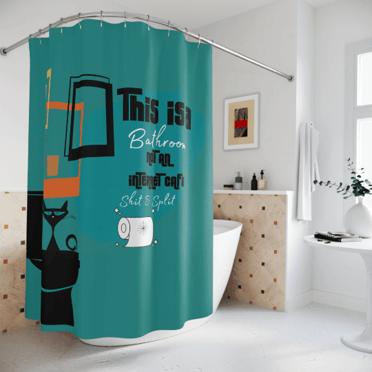 Atomic Cat Retro Funny This Is Not An Internet Cafe Shit And Split Shower Curtain Home Decor 71" × 74"