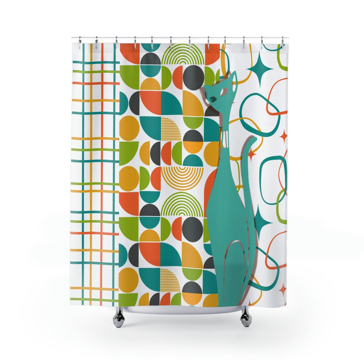 Atomic Cat Shower Curtain, Mid Century Modern, White, Aqua, Orange, Yellow, FUN, Funky, Geometric, Retro Bath Decor Home Decor 71" × 74"