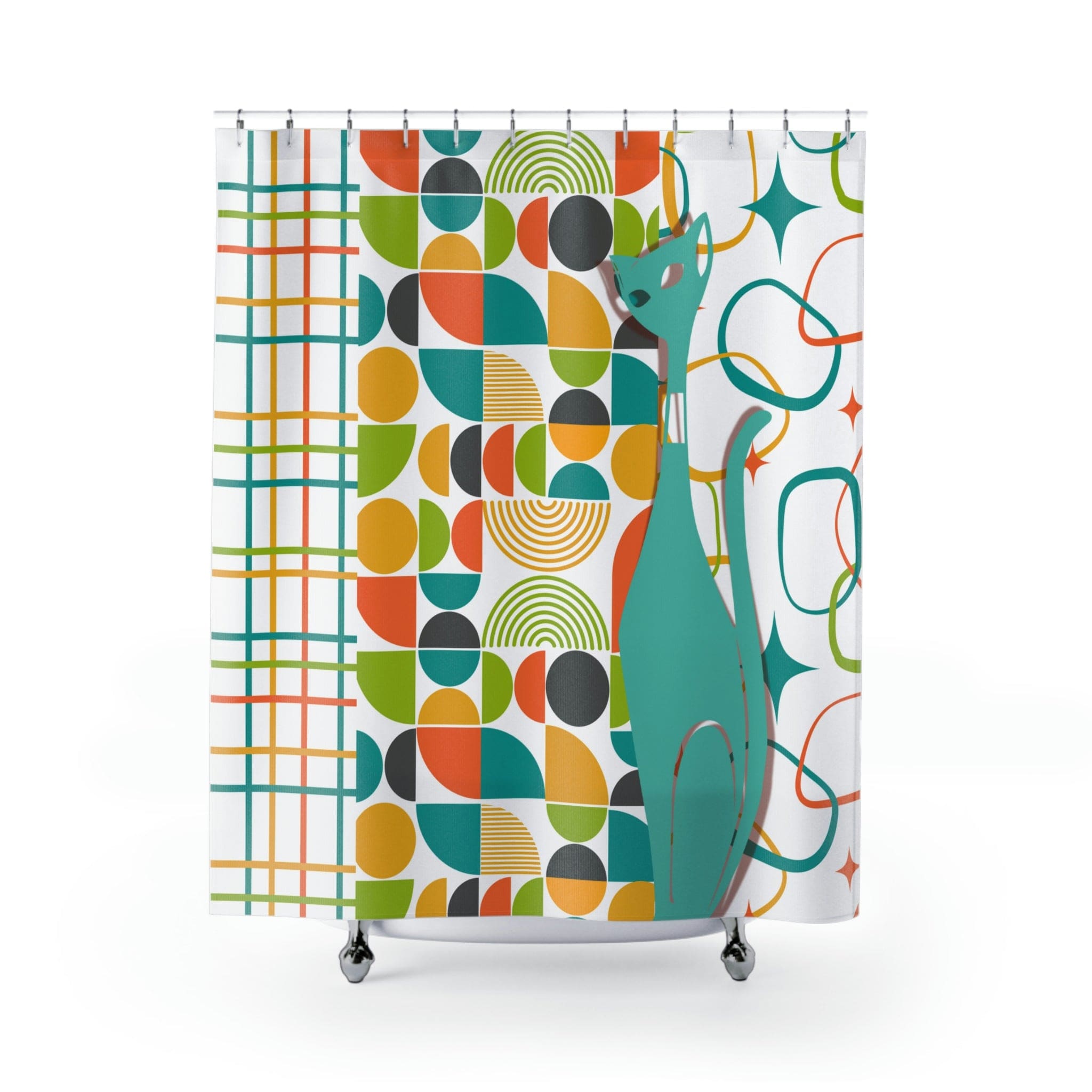 Atomic Cat Shower Curtain, Mid Century Modern, White, Aqua, Orange, Yellow, FUN, Funky, Geometric, Retro Bath Decor Home Decor 71" × 74"