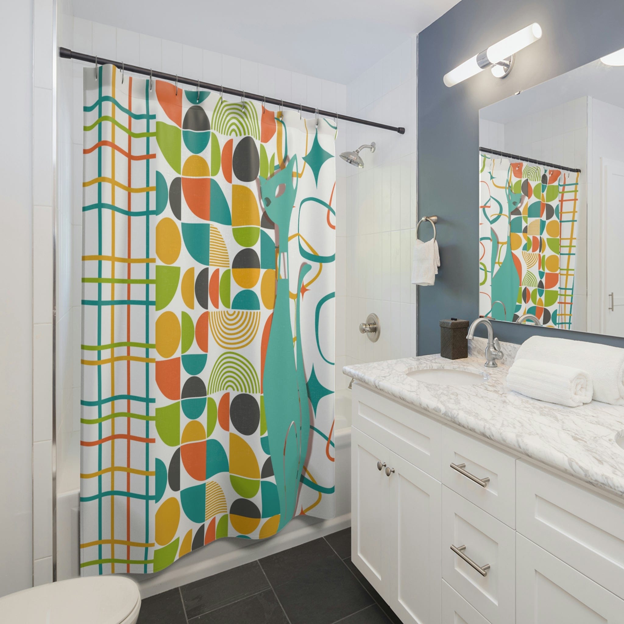 Atomic Cat Shower Curtain, Mid Century Modern, White, Aqua, Orange, Yellow, FUN, Funky, Geometric, Retro Bath Decor Home Decor 71" × 74"
