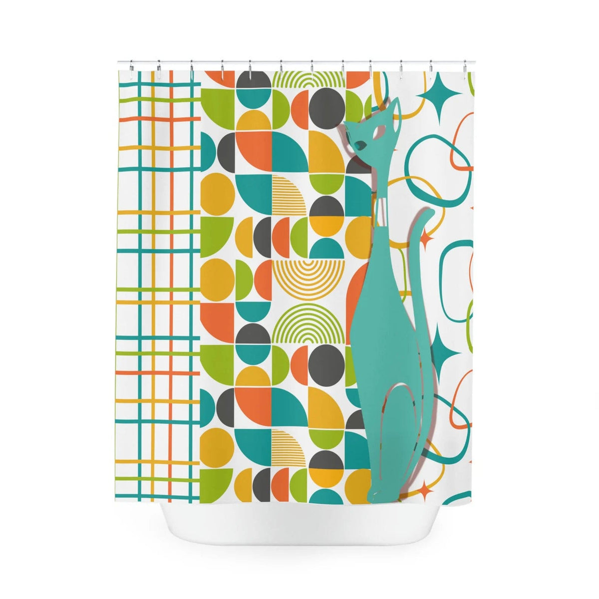 Atomic Cat Shower Curtain, Mid Century Modern, White, Aqua, Orange, Yellow, FUN, Funky, Geometric, Retro Bath Decor Home Decor 71" × 74"