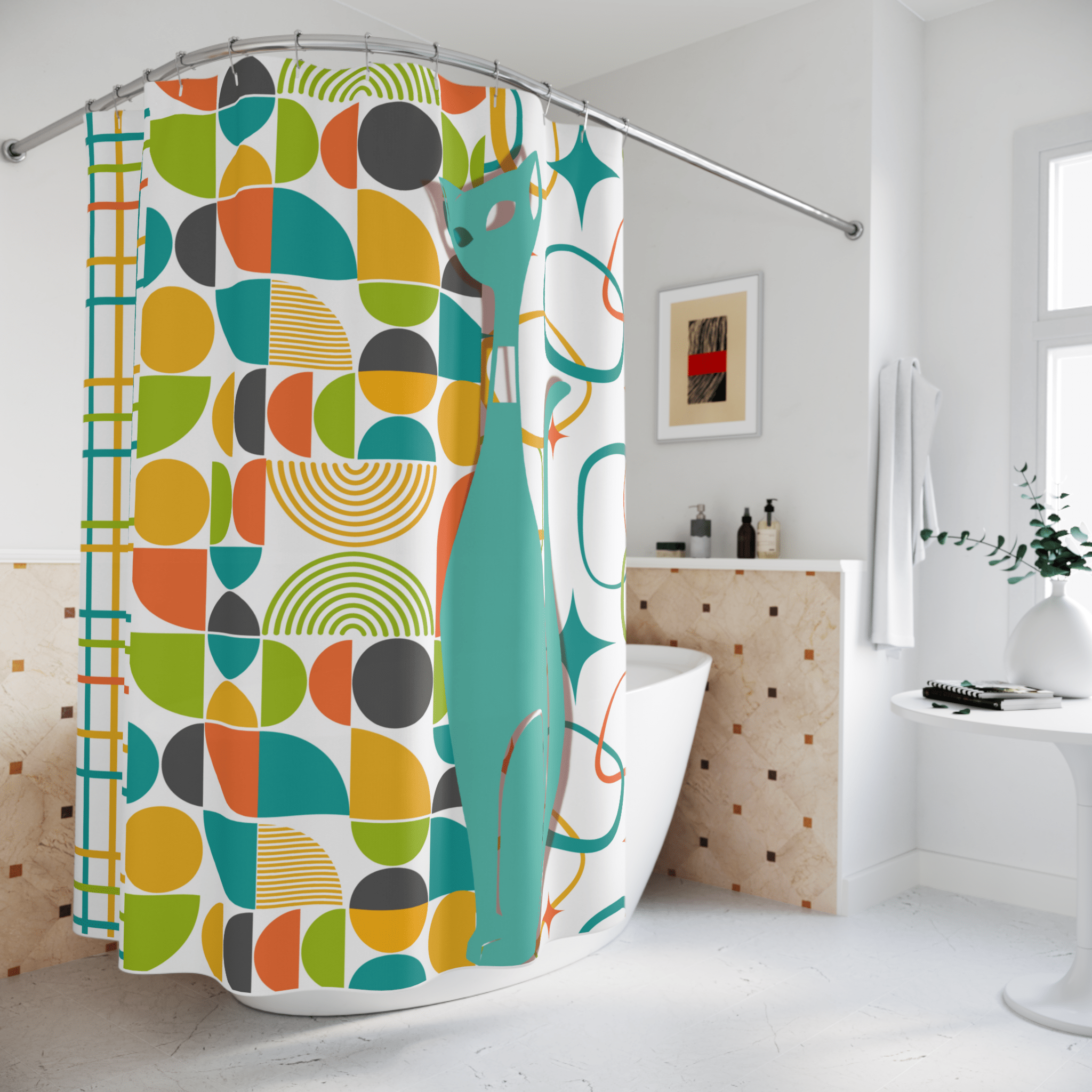 Atomic Cat Shower Curtain, Mid Century Modern, White, Aqua, Orange, Yellow, FUN, Funky, Geometric, Retro Bath Decor Home Decor 71" × 74"