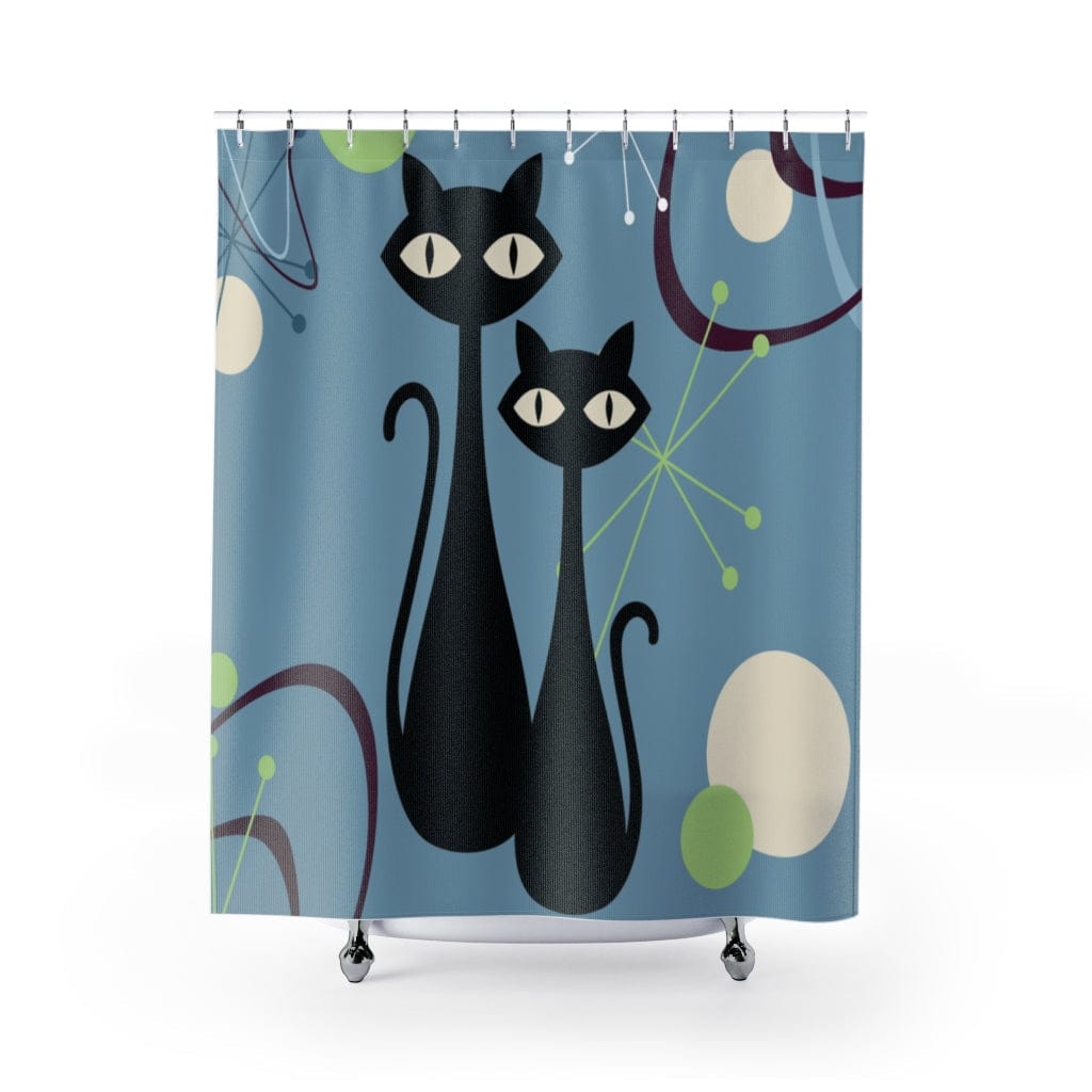 Atomic Cats, Boomerang Blue, Atomic Living MCM Mid Mod, Black Cat Shower Curtain Home Decor 71" × 74"