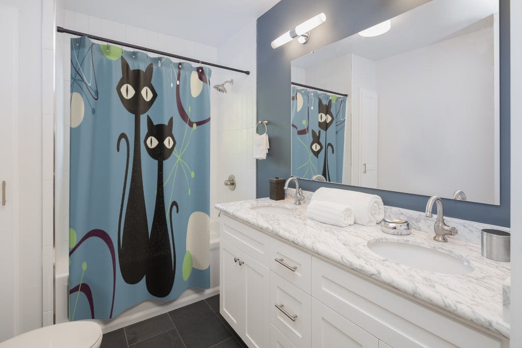 Atomic Cats, Boomerang Blue, Atomic Living MCM Mid Mod, Black Cat Shower Curtain Home Decor 71" × 74"