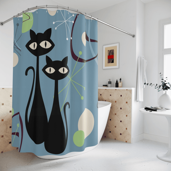 Atomic Cats, Boomerang Blue, Atomic Living MCM Mid Mod, Black Cat Shower Curtain