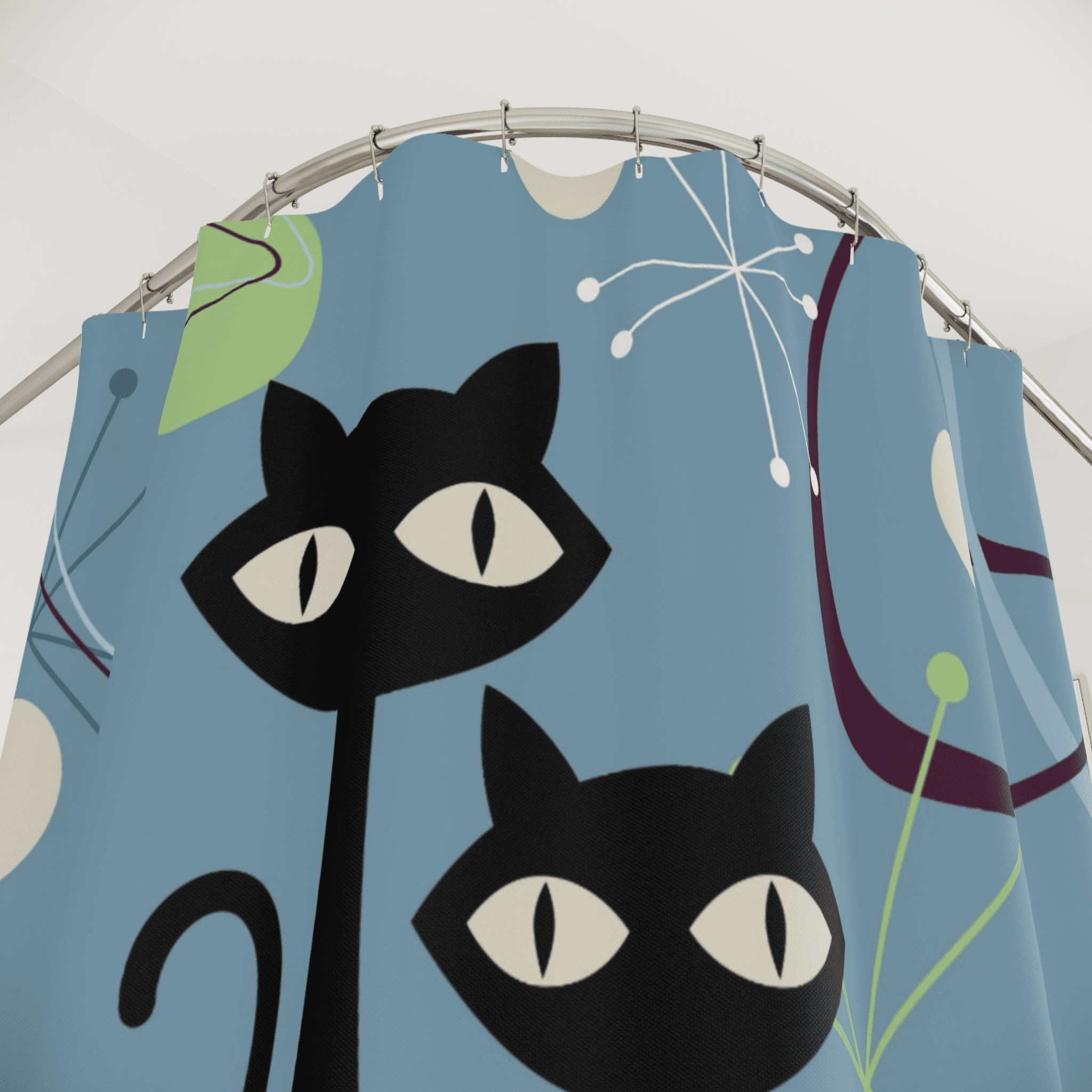 Atomic Cats, Boomerang Blue, Atomic Living MCM Mid Mod, Black Cat Shower Curtain Home Decor 71" × 74"