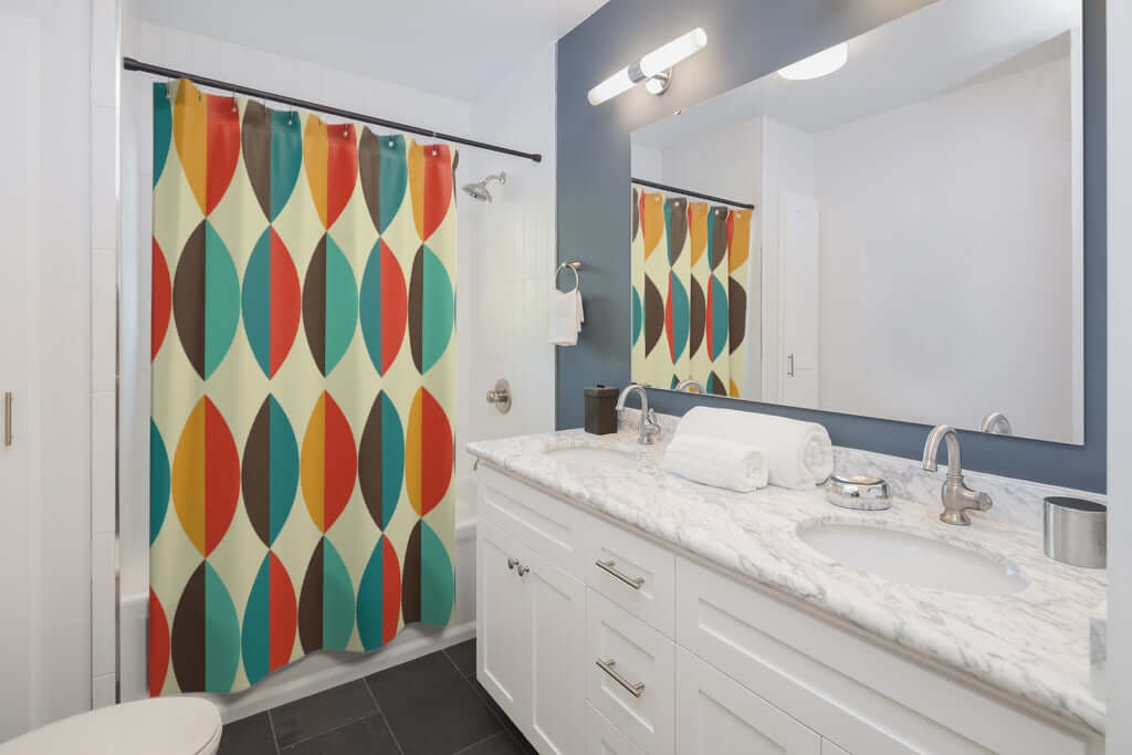 Geometric Mid Century Modern Multi-Color, MCM Mid Mod Shower Curtain Home Decor 71" × 74"